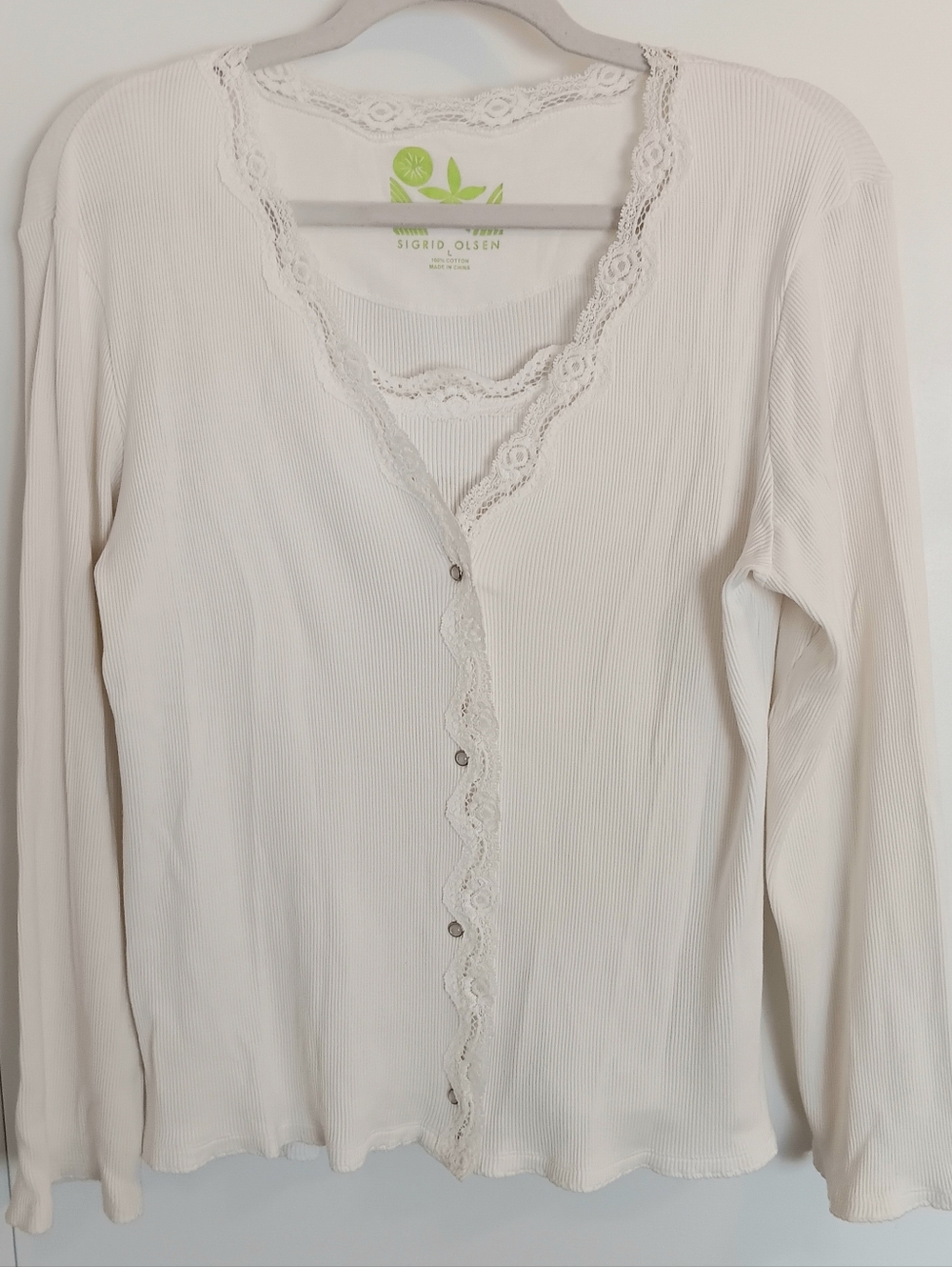 White Cotton Cardigan 2pc Set Lace-Trim Pearl Snap Front + Tank Vintage Y2K